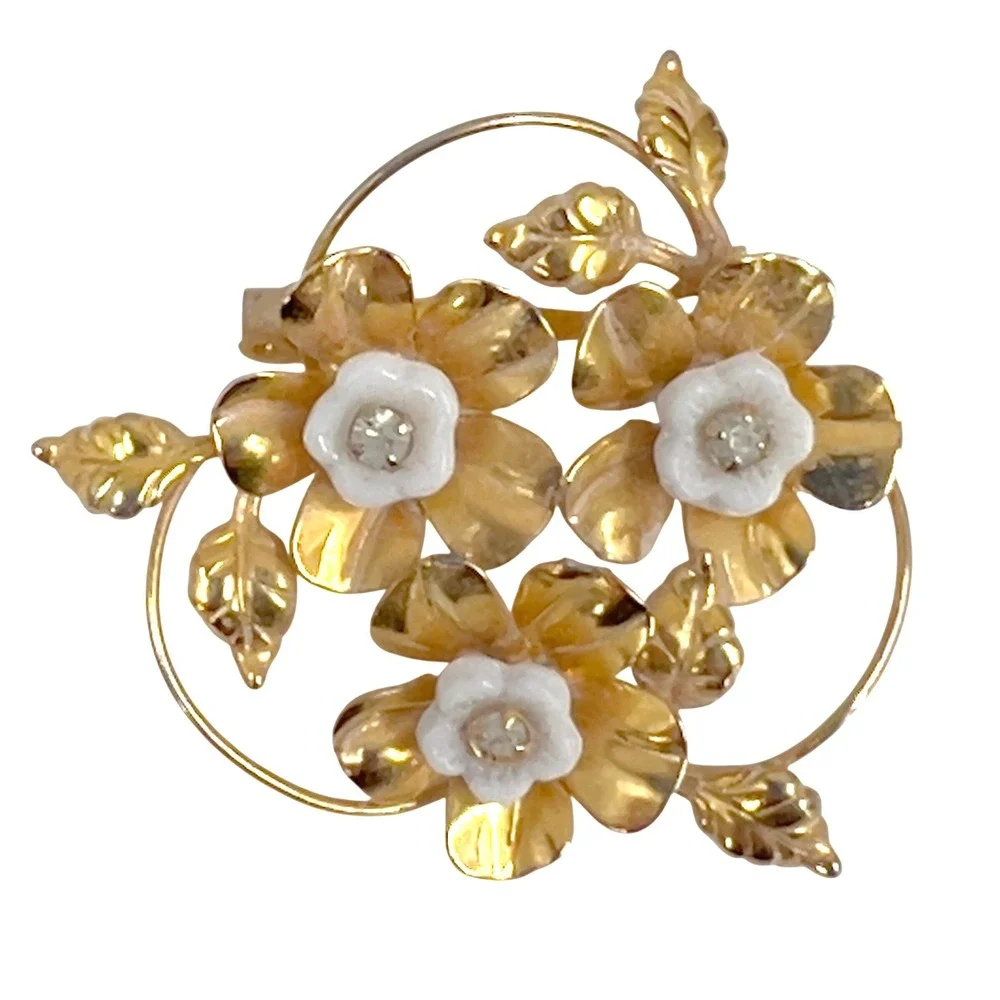 Vintage Made in Austria Gold Floral Brooch White Enamel Rhinestone Pin MCM